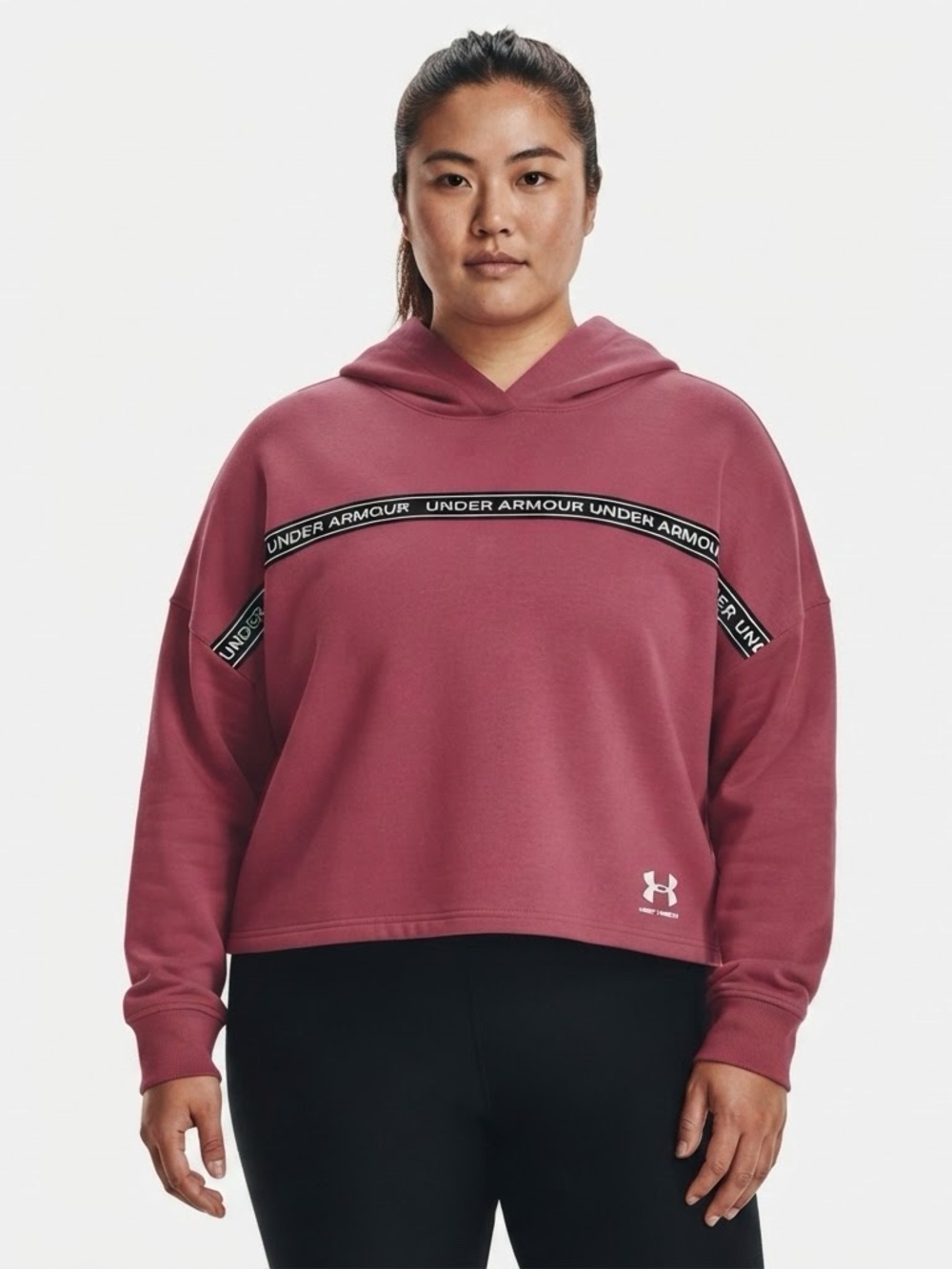 Under Armour Pink Rival Terry Cropped Hoodie XL Tape Logo Activewear